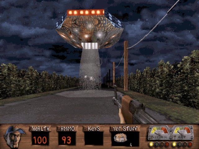 A firefight in a rural roadside level built on the Build engine