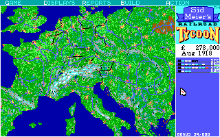 Overview of railroad network and terrain in Railroad Tycoon