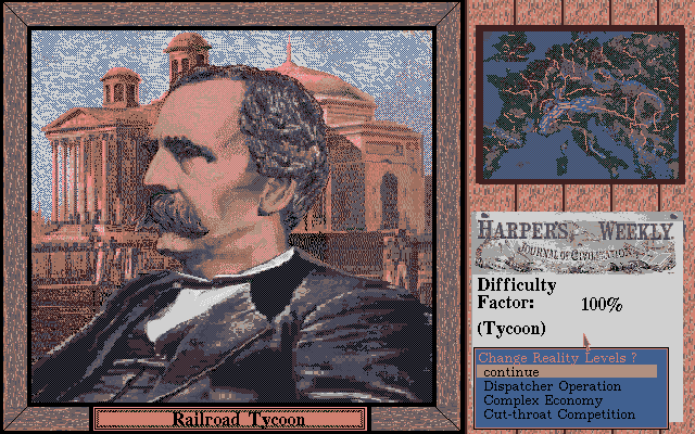 Map view showing railway tracks connecting towns and terrain in Railroad Tycoon Deluxe