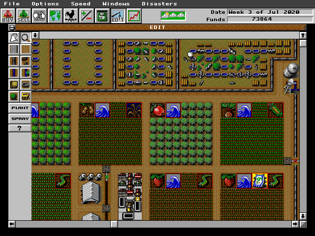 Sim Farm field layout and machinery screen
