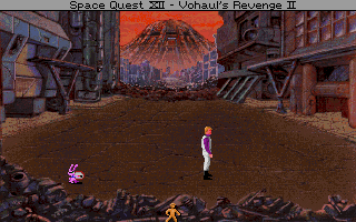 Roger Wilco in the dystopian city of Space Quest XII