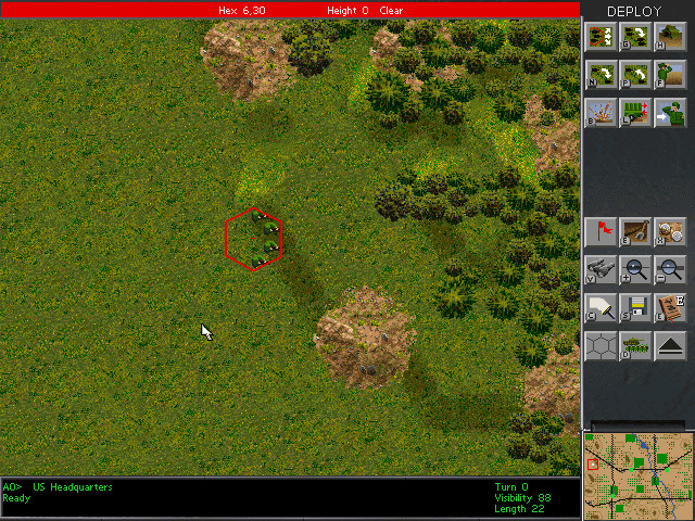 Tactical map view in Steel Panthers II showing armored units and terrain hexes