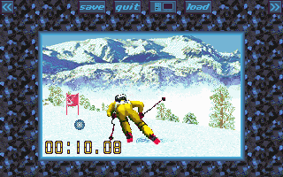 Skier speeding down the slope between slalom gates