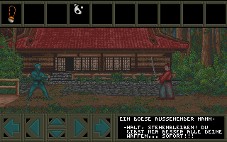Ninja navigating a side-scrolling level near a village