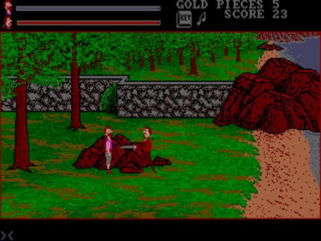 Side-scrolling sword fight scene