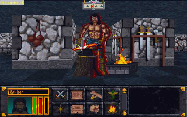 First-person view of a stone dungeon corridor with a goblin enemy.