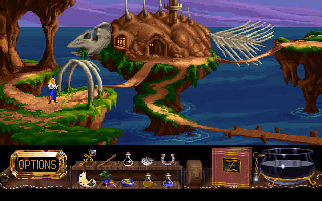 Zanthia standing near her alchemy cauldron in a point and click interface