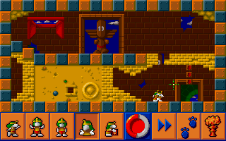 A complex level layout with hazard creatures