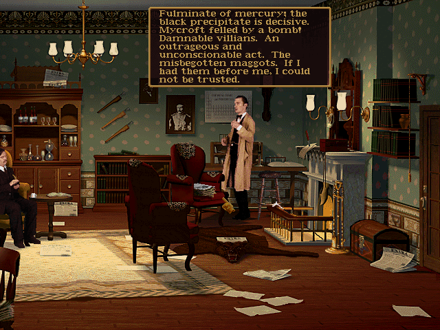 Sherlock Holmes inspecting clues at a crime scene
