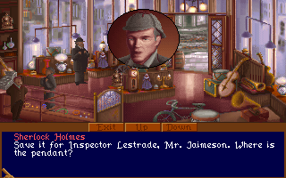Sherlock Holmes inspecting a room in 256-color VGA graphic style