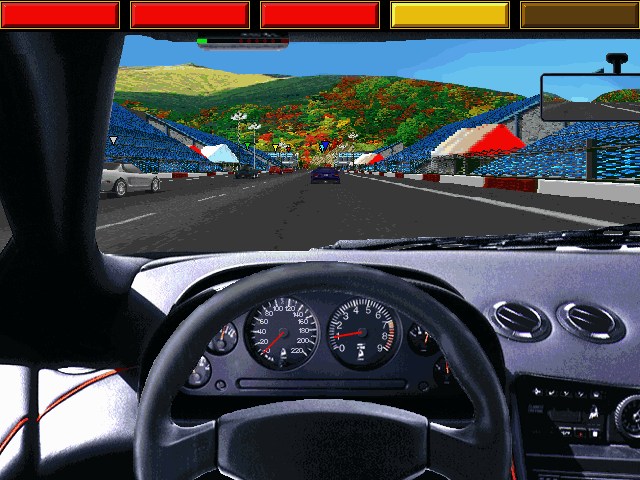 Driving a sports car down an open highway stage with dashboard visible