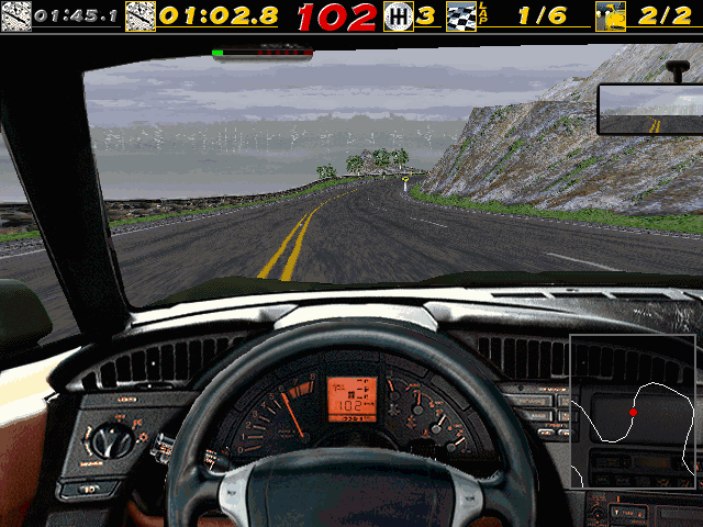 A dashboard view inside a sports car during a race