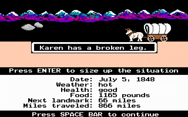 The Oregon Trail trail map and status screen