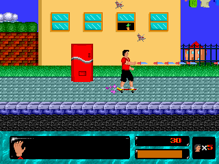Side-scrolling platformer gameplay in The Skateboard Kid showing the protagonist on a skateboard.