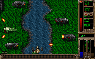 Tyrian gameplay screenshot showing ship shooting enemies over planetary background