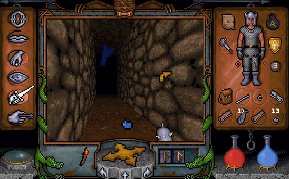 Interacting with an NPC in a stone chamber
