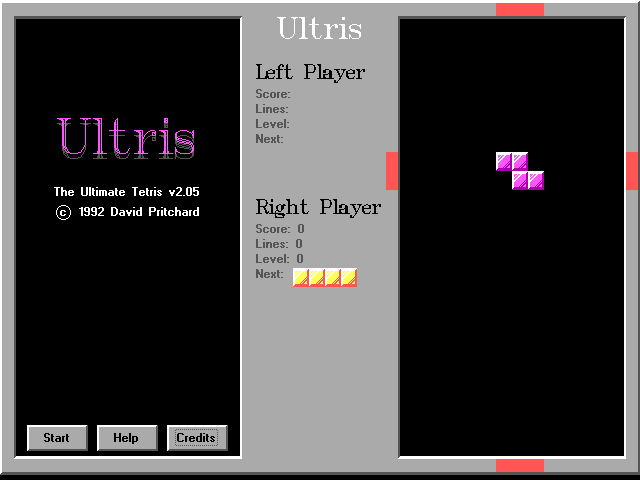 Ultris gameplay screen with split layout