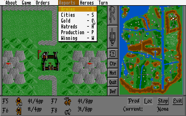 Map view of Illuria showing cities and unit stacks in Warlords