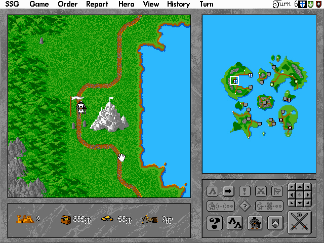 Strategic map view in Warlords II showing cities and terrain