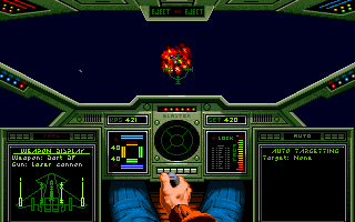 Cockpit view targeting an enemy fighter in space