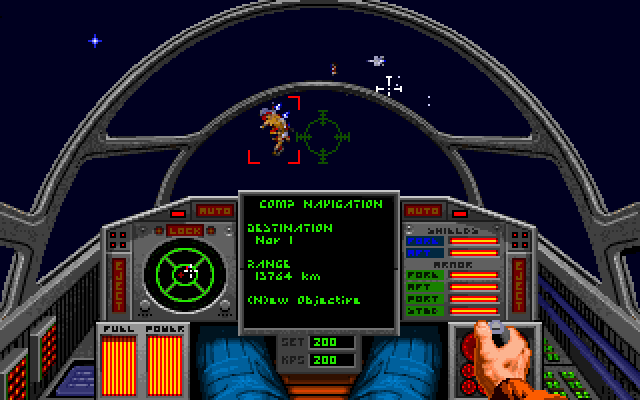 First-person cockpit viewport looking out at alien fighters during space combat