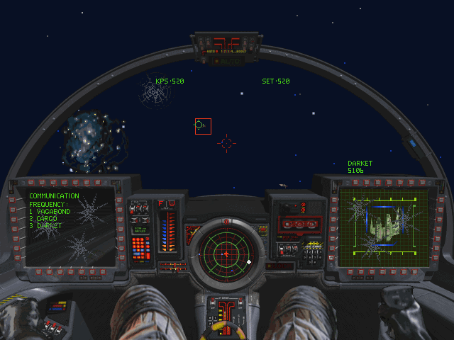 Cockpit view targeting a Kilrathi enemy fighter in space combat