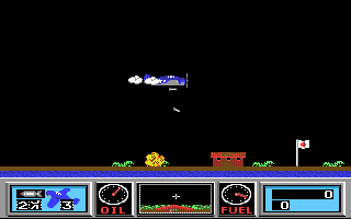 Hellcat fighter plane flying over an island base in Wings of Fury