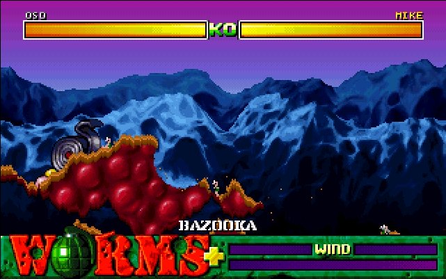 A squad of worms positioning themselves on destructible terrain