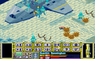 Isometric battlescape view showing aquanauts exiting a submarine underwater